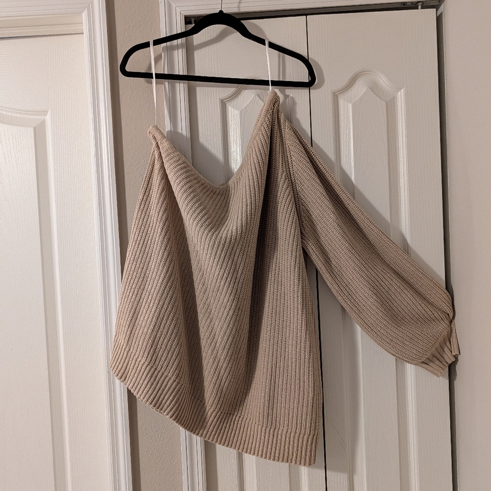 Eloquii Off-Shoulder Ribbed Sweater in Beige